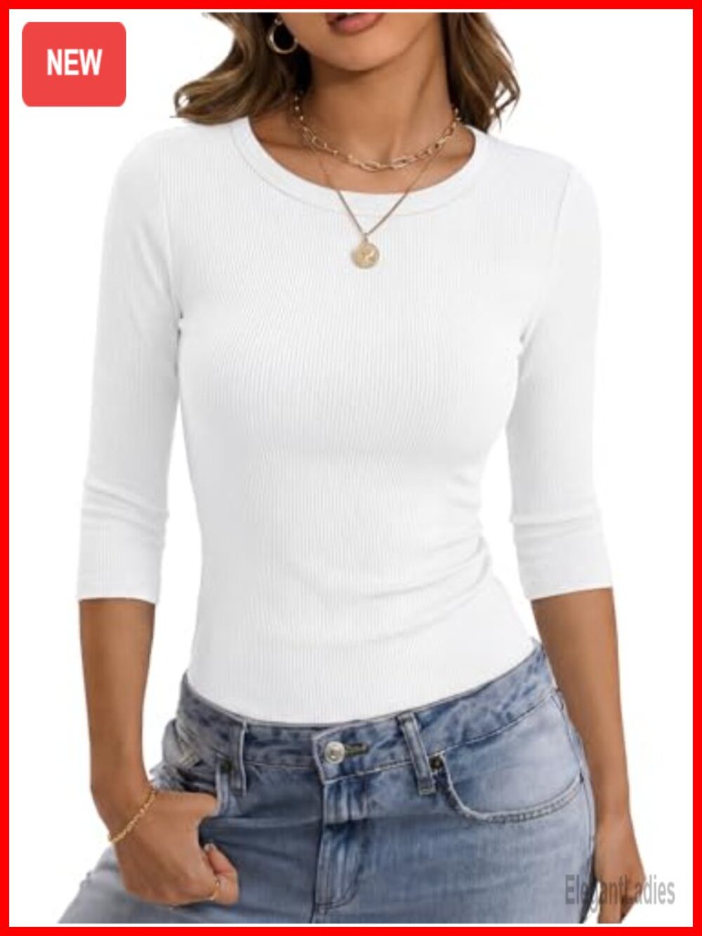 Womens Ribbed 3/4 Sleeve Crew Neck Slim Fit Basic Tee Top